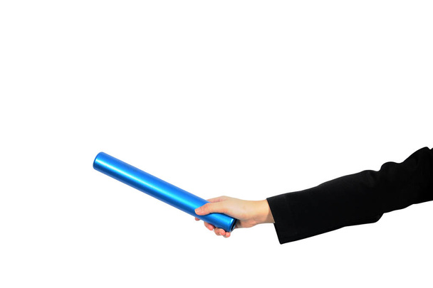 Business woman hand passing turquoise Relay Baton, clipping path - Photo, Image