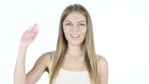 Hola, hola, Mujer saludando de la mano, fondo blanco
 - Imágenes, Vídeo