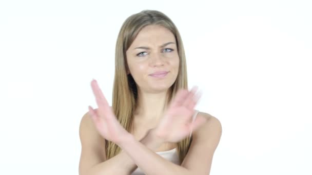 Stoppen, te verwerpen gebaar, niet door de vrouw,, witte achtergrond - Video