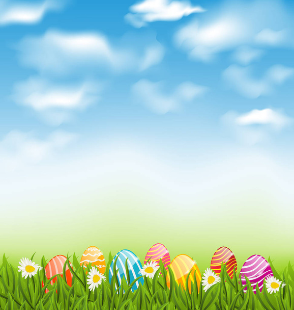 Easter natural landscape with traditional painted eggs in grass - Foto, afbeelding