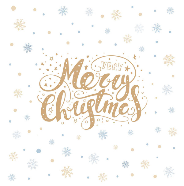 Merry christmas lettering over with snowflakes. Hand drawn text, - Wektor, obraz