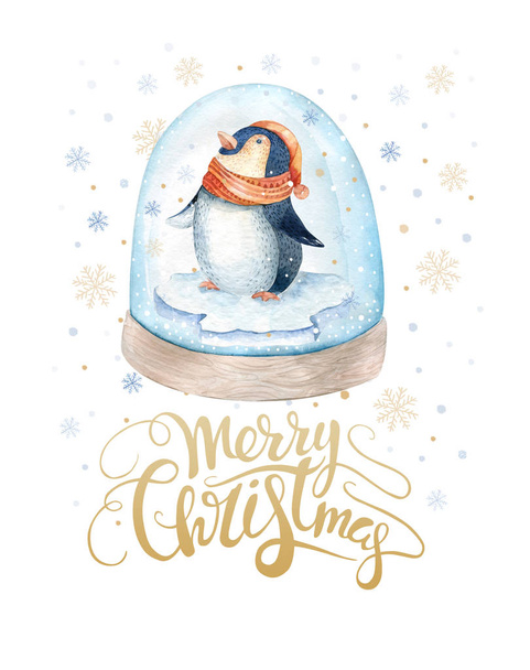 Merry Christmas  lettering with watercolour fun pinguin. - Foto, imagen