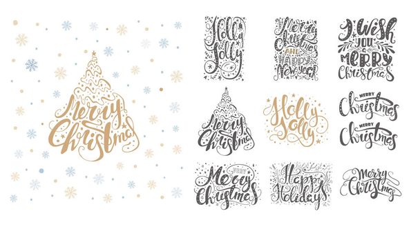 Merry christmas lettering over with snowflakes. Hand drawn text, - Vetor, Imagem