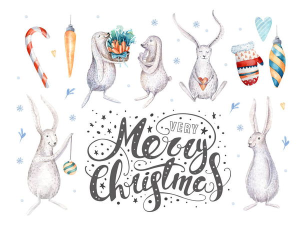 Merry christmas snowflakes and rabbits. Hand drawn bunny illustr - Foto, Imagem