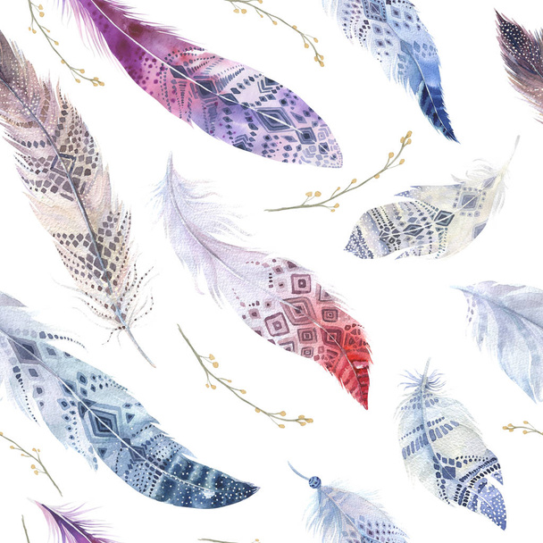 Feathers pattern. Watercolor elegant background. Bird illustration. - Zdjęcie, obraz