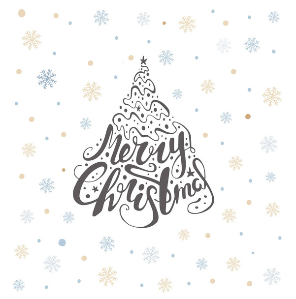 Merry christmas lettering over with snowflakes. Hand drawn text, - Вектор, зображення