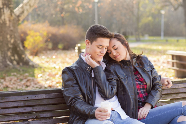Happy young couple sitting on a bench in the park - 写真・画像