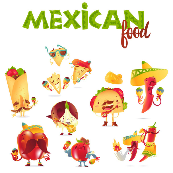 Set of happy Mexican food characters playing musical instruments - Vecteur, image