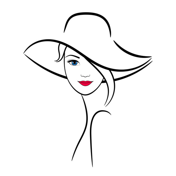 Woman in hat, contour drawing - Vector, Image