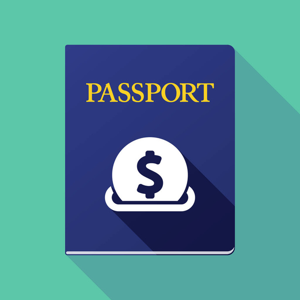 Lange schaduw paspoort met een dollar munt in te voeren in een moneybox - Vector, afbeelding