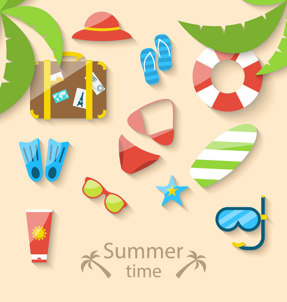 Summer vacation time with flat set colorful simple icons - Zdjęcie, obraz