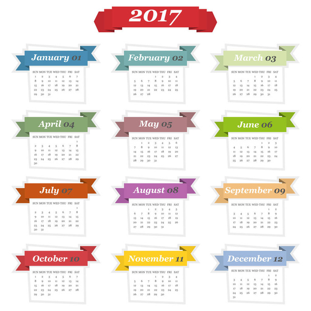 Calendar 2017 in a flat design with ribbons. Vector illustration - Vector, Image