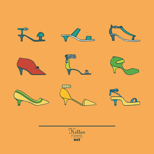 Beautiful set of isolated on background flat vector shoes hand drawn in stylish collection of kitten heels. Fashion illustration good for creative design. Color bright image on orange background - Vettoriali, immagini
