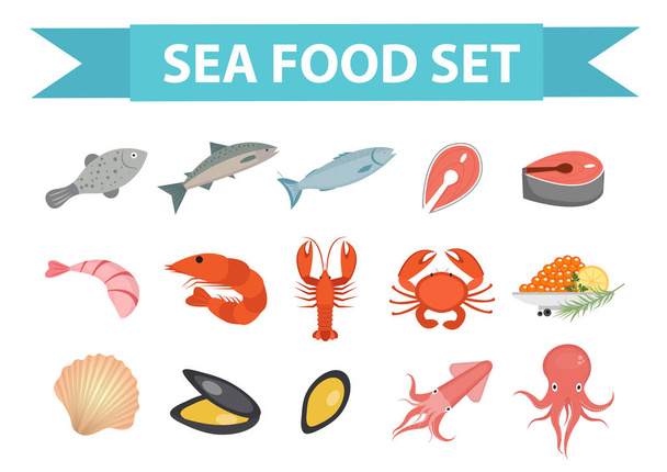 Meeresfrüchte-Symbole setzen Vektor, flachen Stil. Sammlung von Meeresfrüchten isoliert auf weißem Hintergrund. Illustration Fischprodukte, Gestaltungselement. - Vektor, Bild