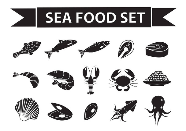 Deniz ürünleri ikonları vektör, siluet, gölge tarzı. Beyaz arka planda izole edilmiş deniz ürünleri koleksiyonu. Balık ürünleri illüstrasyon, tasarım ögesi. - Vektör, Görsel