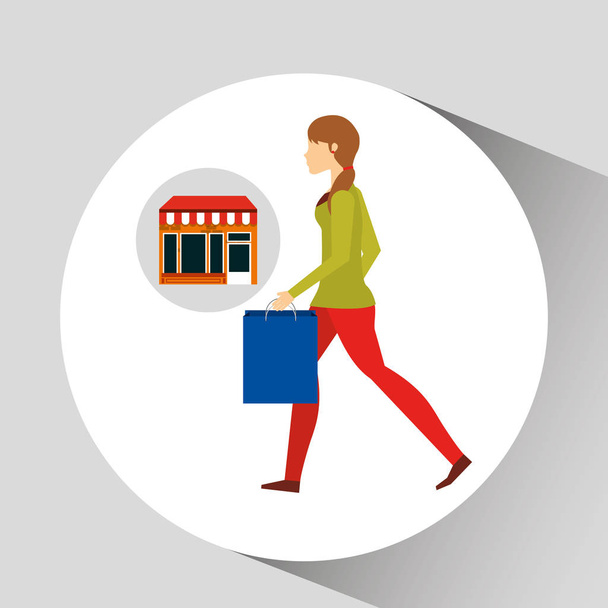 nainen kävely laukku ostoksia myymälä
 - Vektori, kuva