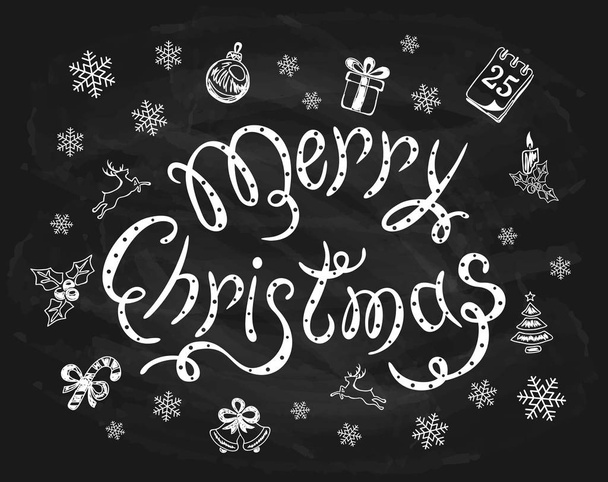 Frohe Weihnachten mit Dekoration auf schwarzer Tafel - Vektor, Bild