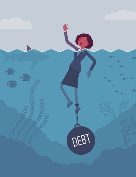 Businesswoman drowning chained with a weight Debt - Vector, Image