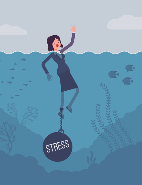 Businesswoman drowning chained with a weight Stress - Vector, Image
