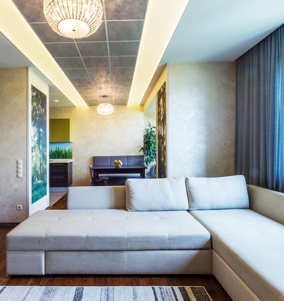 красивый роскошный интерьер гостиной с диваном и деревянным полом. 3d-рендеринг  - Фото, изображение