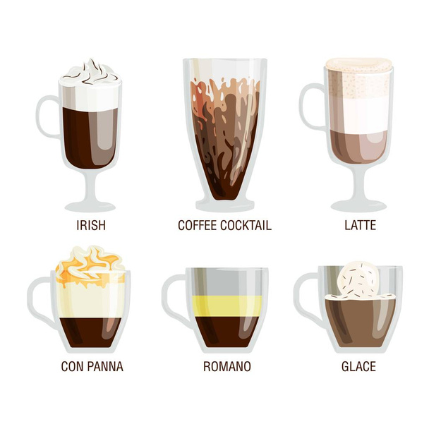 Coffee cups different cafe drinks - Vector, afbeelding