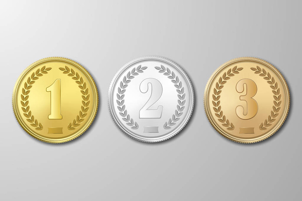 Vector gold, silver and bronze award medals set on gray background. The first, second, third prizes. - Вектор, зображення