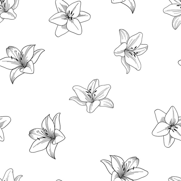 Black and white seamless vector pattern with lily.  - Vector, Image