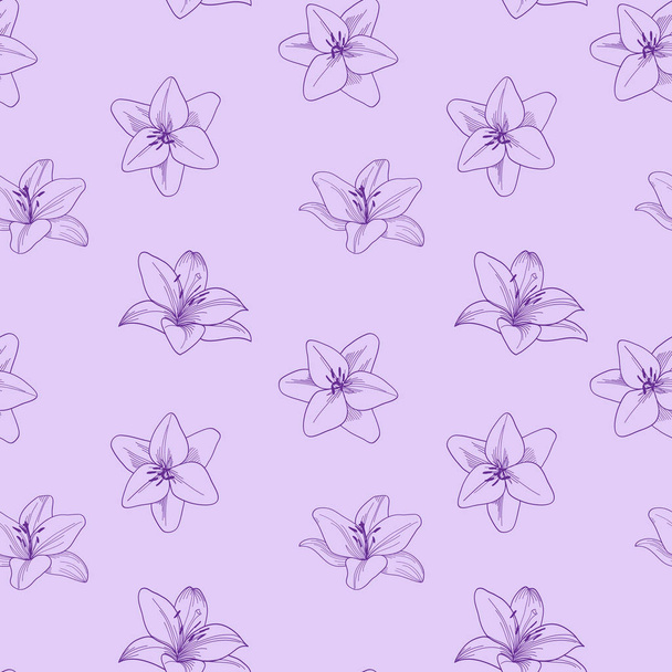 Purple seamless vector pattern with lily.  Floral lilac background with lily.  - Vector, Image