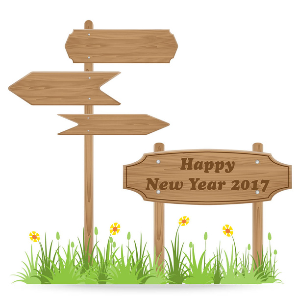 Feliz Año Nuevo 2017 texto en letrero de madera
  - Vector, Imagen