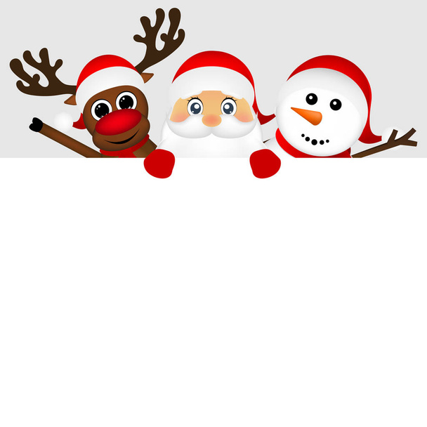 Papai Noel com boneco de neve e renas espreitando por trás de um
 - Vetor, Imagem