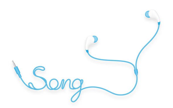 Fones de ouvido, no tipo de ouvido cor azul e texto da música feita a partir de cabo
  - Vetor, Imagem