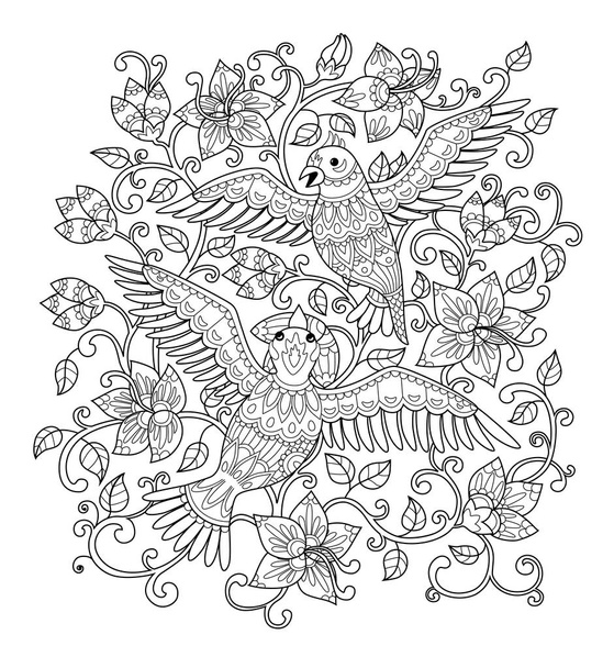 Decorative outline birds in flowers - Wektor, obraz