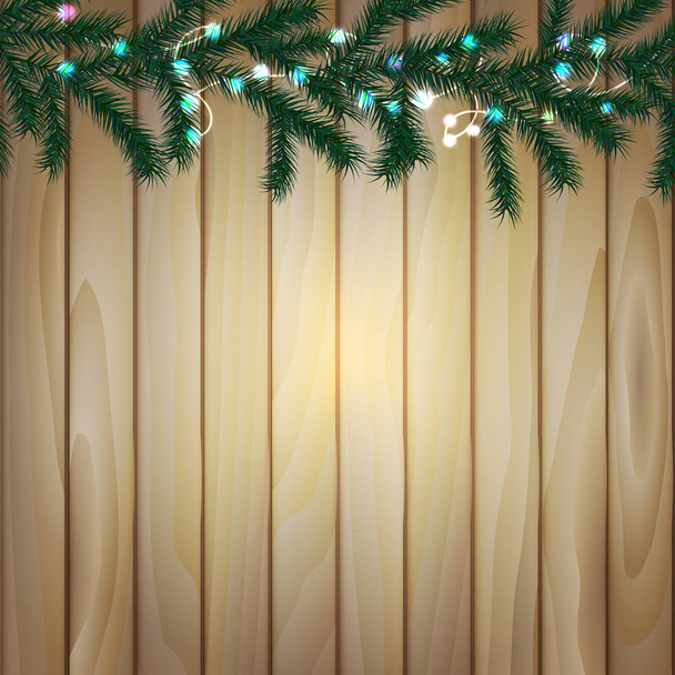 Ξύλινο υπόβαθρο με κλαδιά του Χριστουγεννιάτικου δέντρου και λαμπτήρες, εικονογράφηση διάνυσμα - Διάνυσμα, εικόνα