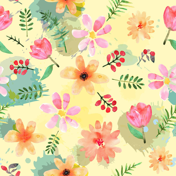 Floral seamless pattern with hand drawn flowers in watercolor on - 写真・画像