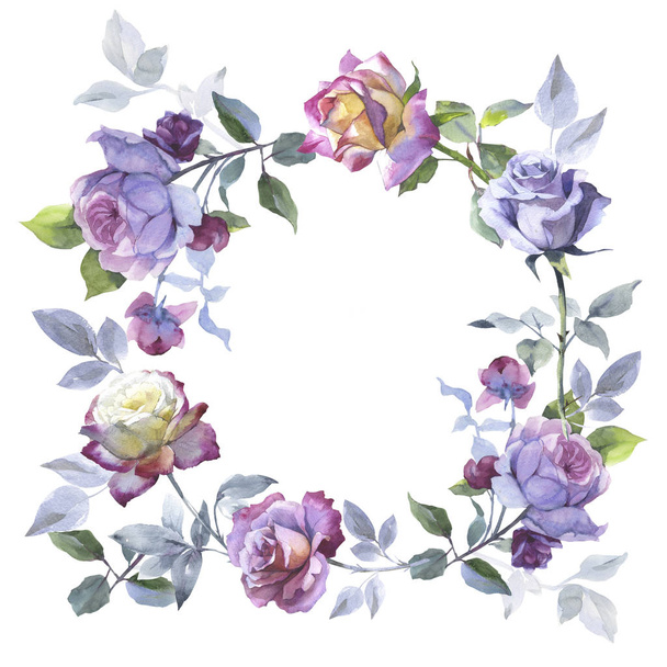 Wildflower rose flower wreath in a watercolor style isolated. - Foto, afbeelding