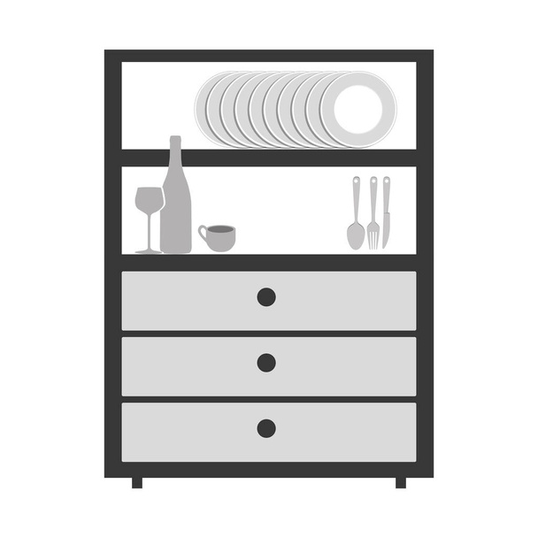 сірий масштаб велика шафа з предметами кухні
 - Вектор, зображення
