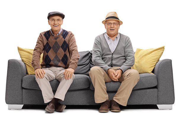 joyful elderly men sitting on a sofa - Фото, зображення