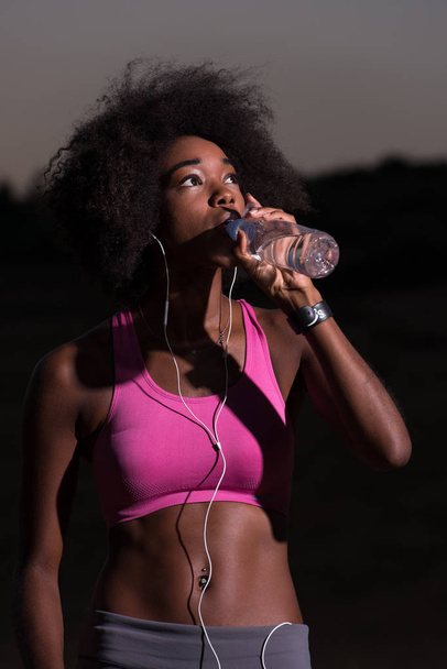 african american woman drinking water after jogging in nature - Fotografie, Obrázek