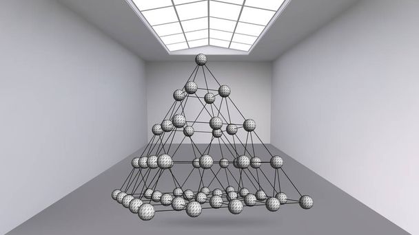 Függesztett absztrakt sokszög alakú tárgy. A fehér szoba középen tárgyát. Kiállítási tér a modern műtárgyak. Sci-Fi objektumok. Strukturális es rács. - Vektor, kép