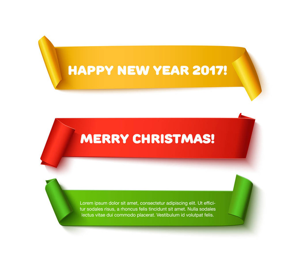 Χαρούμενα Χριστούγεννα χαρτιού σε ρολό πανό με ρεαλιστική σκιά. Ευτυχισμένο το νέο έτος 2017 σύνολο διανυσματικά κόκκινα, πράσινα και χρυσά χαρτόνι κύλισης που απομονώνονται σε λευκό φόντο για αφίσα ή μια ευχετήρια κάρτα. - Διάνυσμα, εικόνα
