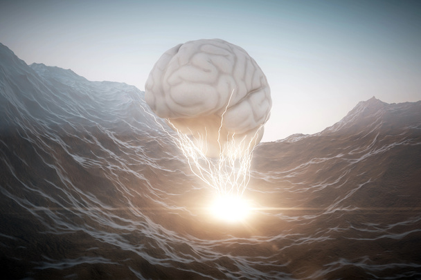 Streszczenie mózgu z lightning na tle gór. Pojęcie "burzy mózgów". 3D render - Zdjęcie, obraz