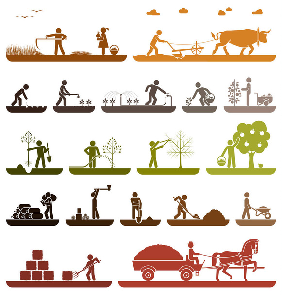 Набор пиктограммных икон, представляющих сельскохозяйственную работу и жизнь
  - Вектор,изображение