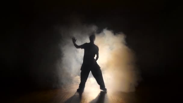 Dansçı duman içinde belgili tanımlık karanlık. - Video, Çekim