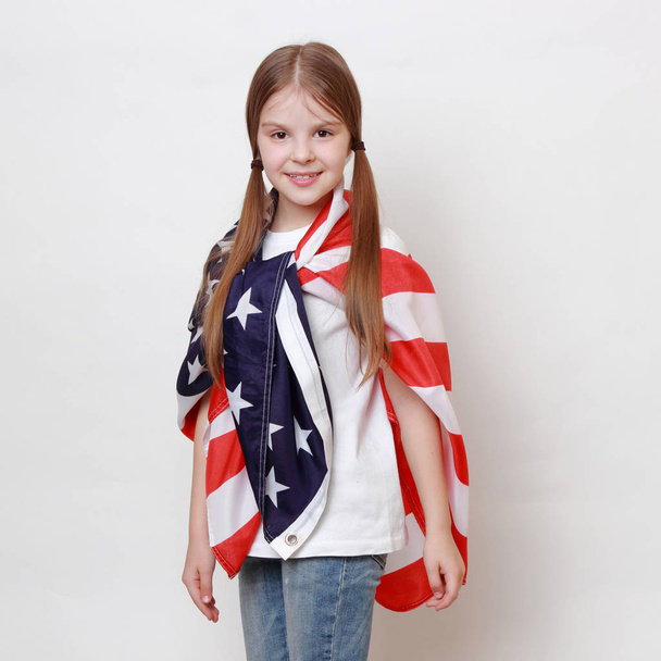 Little girl and American flag - Photo, Image