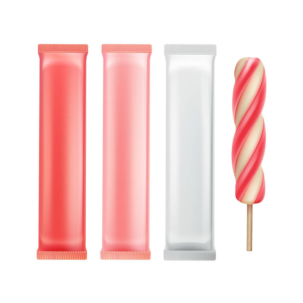 Σετ ροζ φράουλα σπείρα Popsicle γλειφιτζούρι παγωτό χυμό φρούτων πάγου stick με ροζ λευκό φύλλο πλαστικό περιτύλιγμα - Διάνυσμα, εικόνα