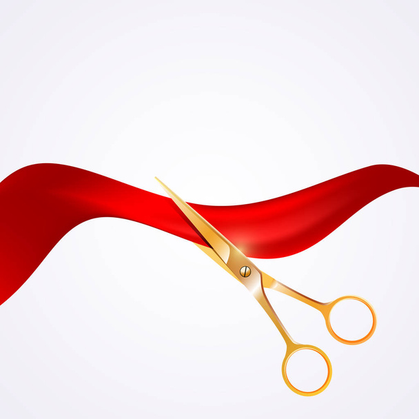 Grand Opening design template with red ribbon and gold scissors. Start-up banner concept - Vector, Image