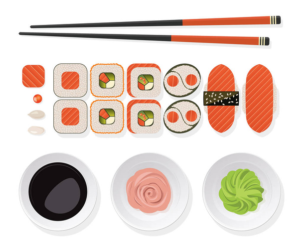 Sushi set. Top view of classic sushi set rolls with salmon, chop - Vetor, Imagem