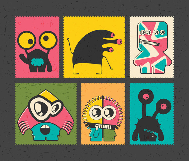 Set of six retro postage`s stamp with funny monsters on different color background, . - Vektor, kép