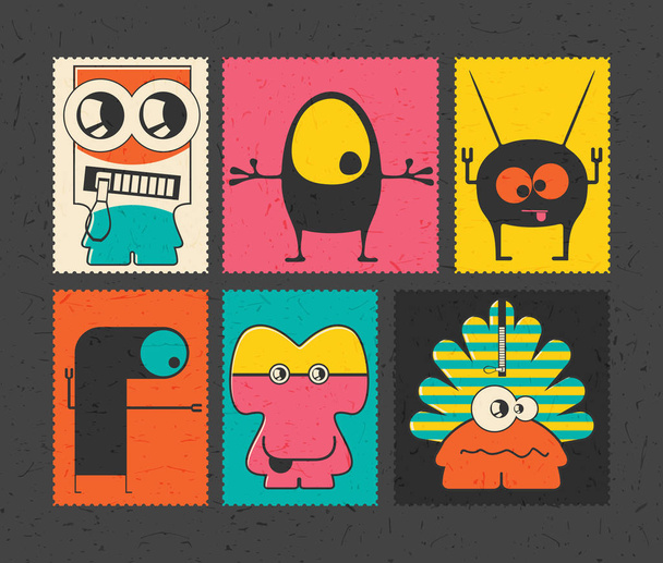 Set of six retro postage`s stamp with funny monsters on different color background, . - Vetor, Imagem