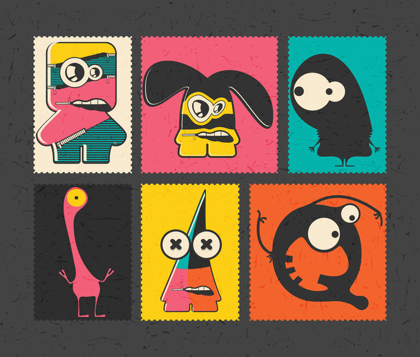 Set of six retro postage`s stamp with funny monsters on different color background, . - Wektor, obraz